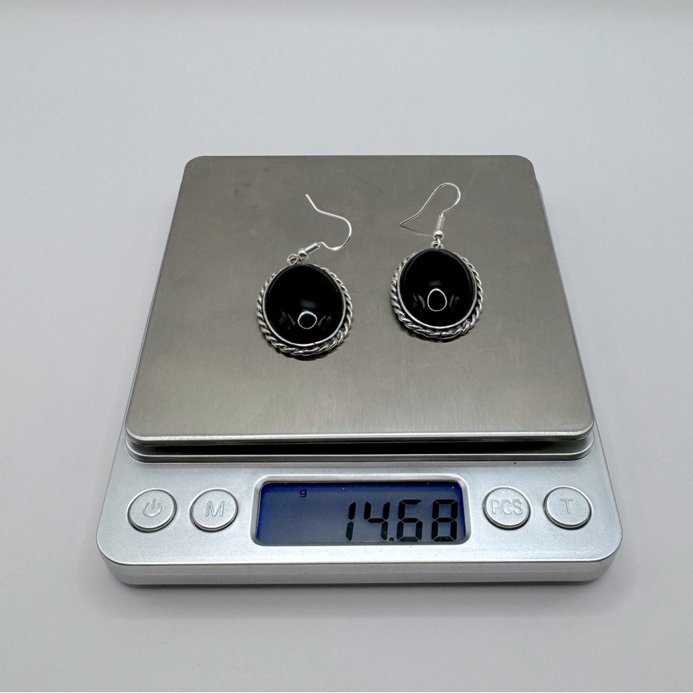 VINTAGE Navajo Oval Onyx & Sterling Silver Dangle Earrings - Picture 15 of 15